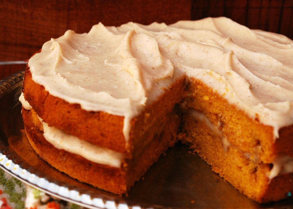 Pumpkin Cinnabon Cake with Spiced Maple Cream Cheese Frosting copyright Allergy Awesomeness
