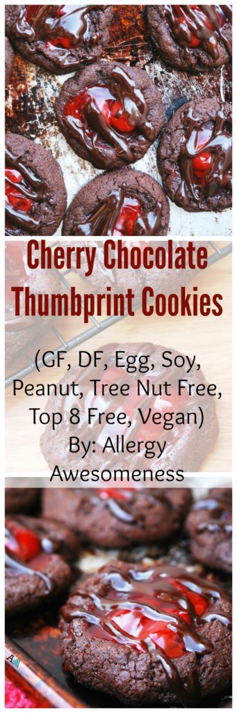 Gluten-free & Vegan Cherry Chocolate Thumbprint Cookies. Dessert recipe by AllergyAwesomeness.com