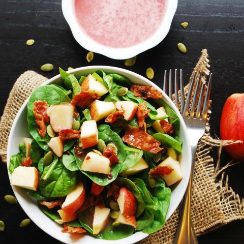 Apple, Bacon & Spinach Salad with Sweet Red Onion Vinaigrette (GF, DF, Egg, Soy, Peanut & Tr