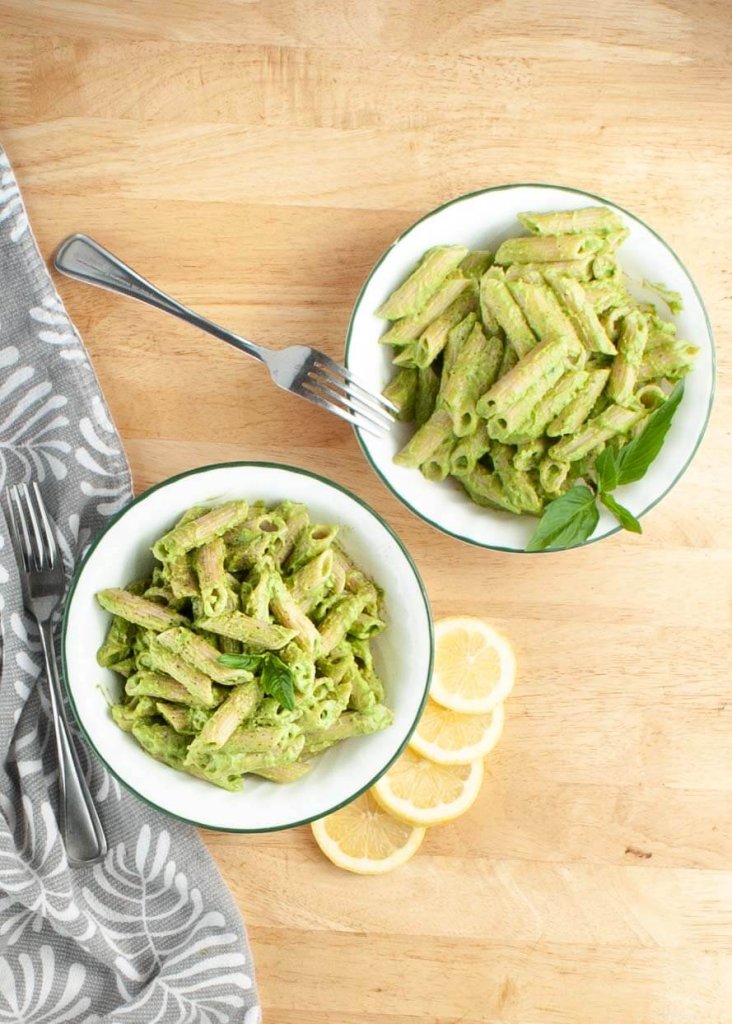 gluten free vegan pasta recipe in two bowls shown from above