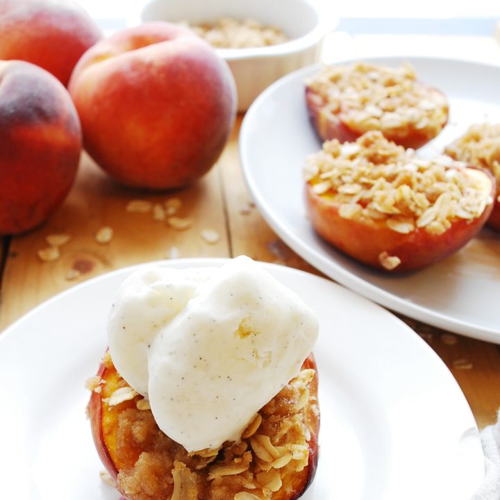 Streusel Stuffed Peaches (Gluten, dairy, egg, soy, peanut & tree nut free; top 8 free; vegan) Dessert recipe by AllergyAwesomeness.com