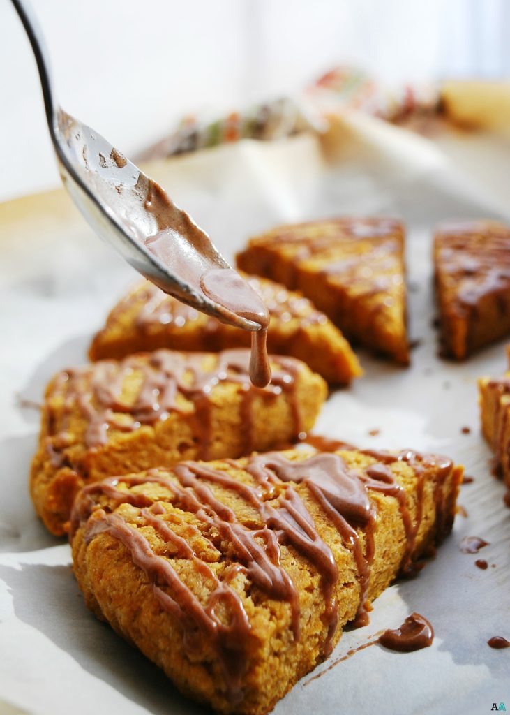 Pumpkin Scones with Spiced Glaze (Gluten, dairy, egg, soy, peanut and tree nut free; top 8 free; vegan) Breakfast recipe by AllergyAwesomeness.com