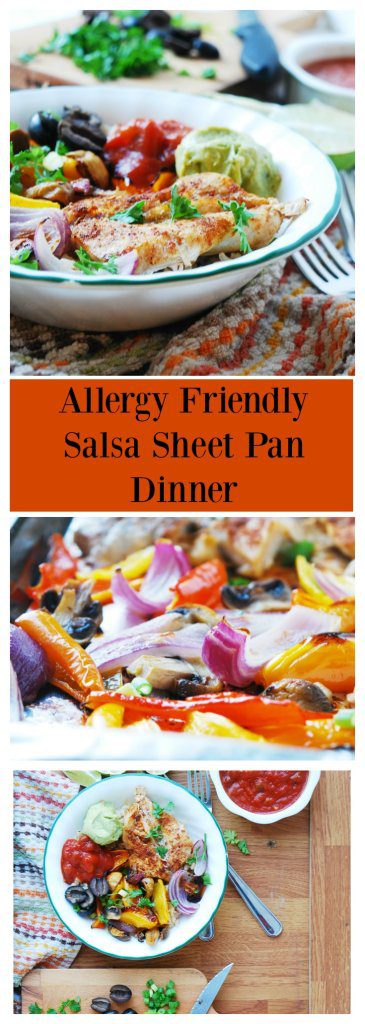 Allergy-friendly 30 Minute Salsa Chicken Sheet Pan Dinner (Gluten, dairy, egg, soy, peanut & tree nut free; top-8-free; vegan) Recipe by AllergyAwesomeness.com