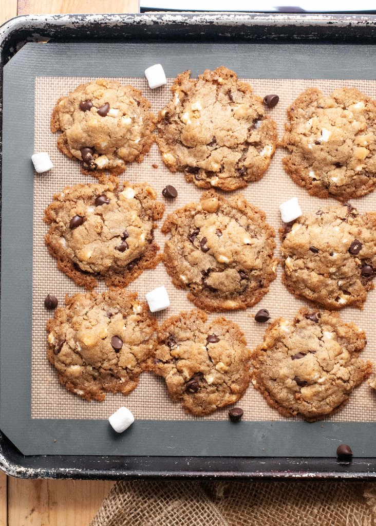 gluten-free-dairy-free-smores-cookies-on-a-baking-sheet-above