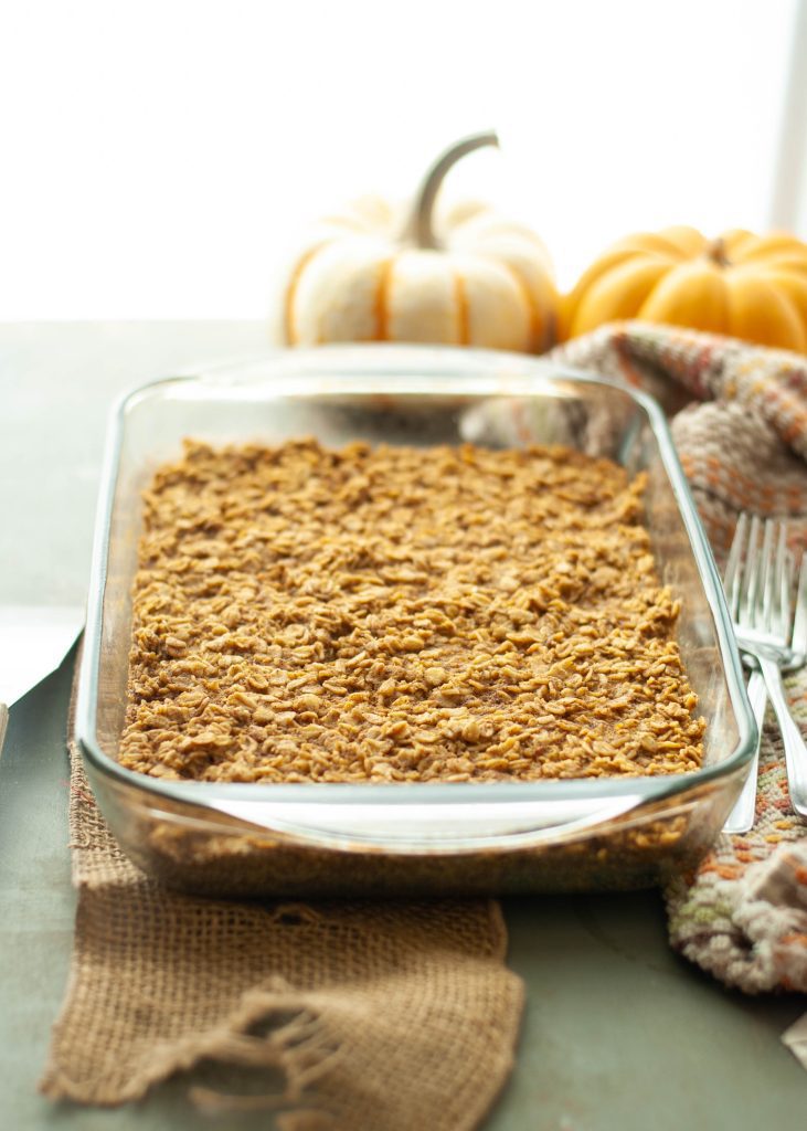 vegan pumpkin baked oatmeal in a pan