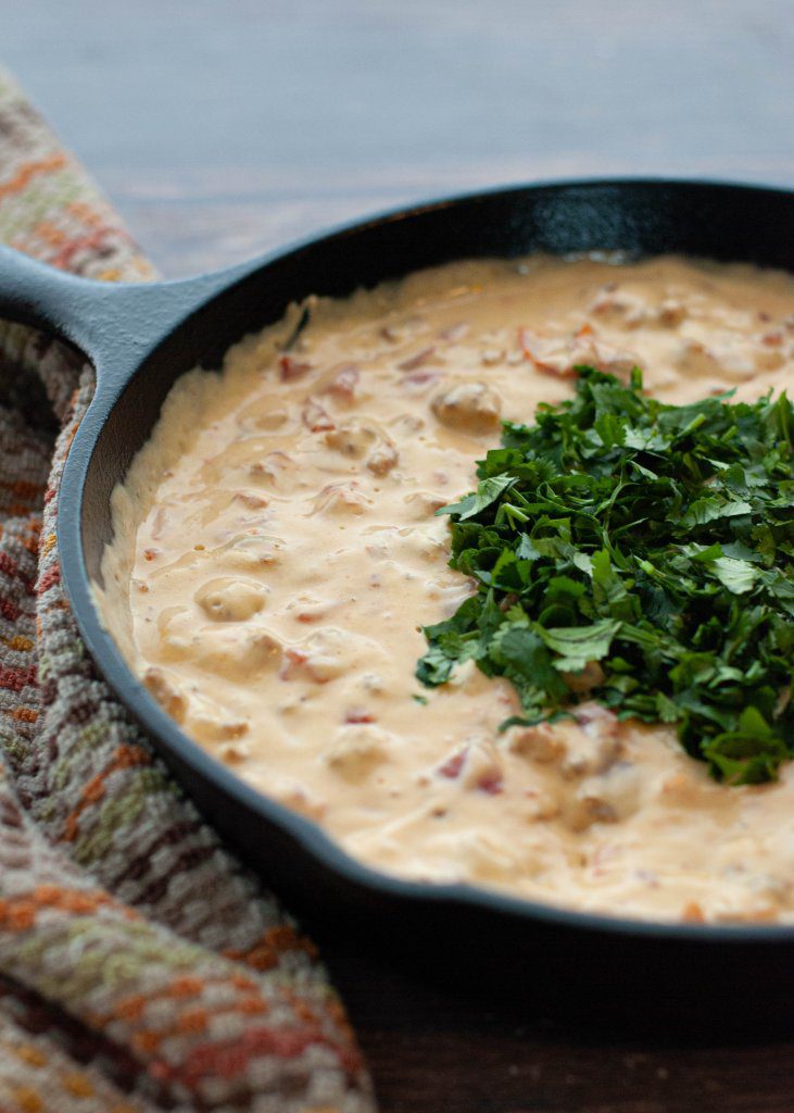 a-side-view-of-sausage-queso-dip-in-a-skillet