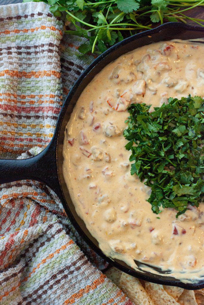 milk-free-sausage-queso-dip-in-a-skillet-looking-from-above
