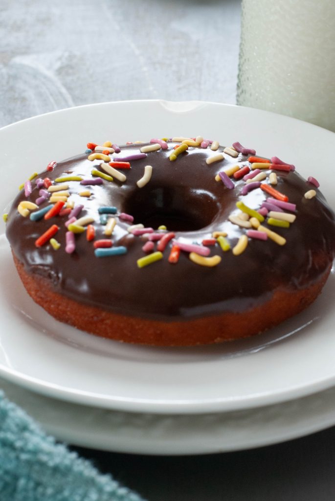 chocolate-frosted-gluten-free-donut-with-sprinkles-on-white-plate