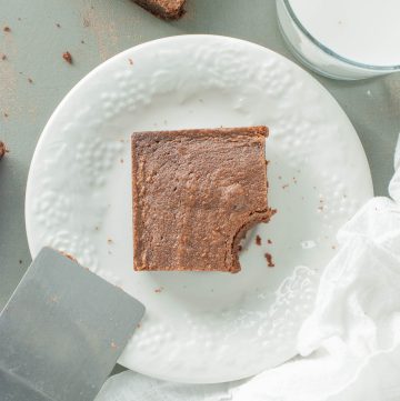 gluten-free-dairy-free-brownies-overhead-with-bite-taken-out-on-white-plate